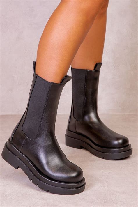 Stacey Stacked Boots In Black Faux Leather In 2022 Chelsea Boots