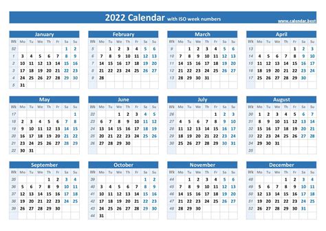 2022 Calendar With Week Numbers Excel