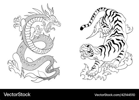 Dragon Fighting With Tiger Around Yin Yang Symbol Vector Image