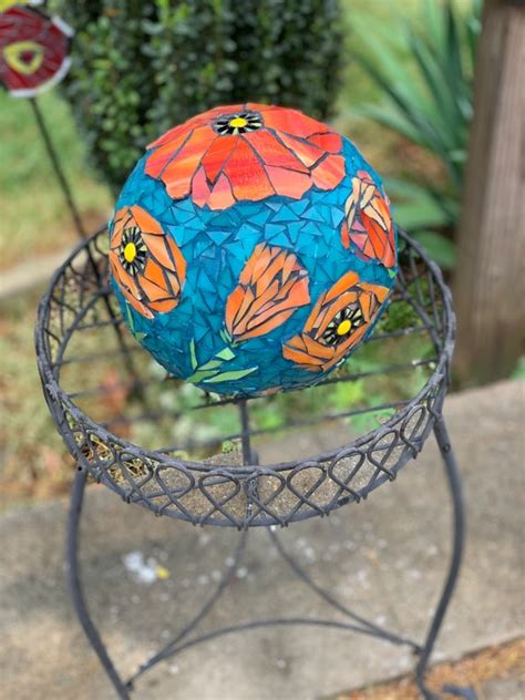 Stained Glass Mosaic Gazing Ball In Poppies Garden Ball Etsy