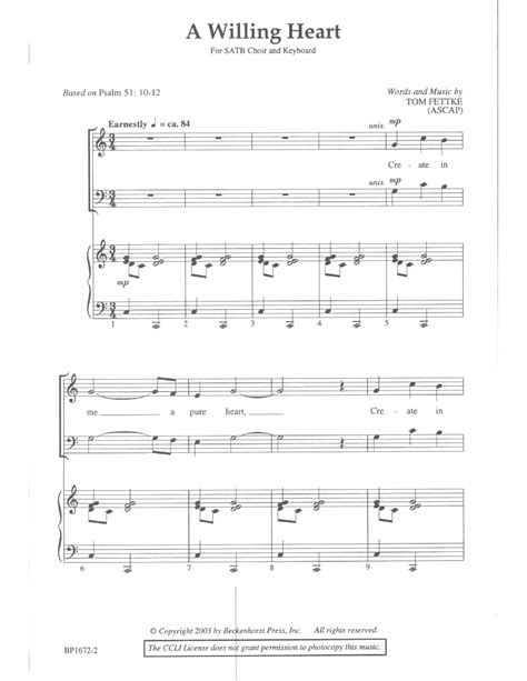 Willing Heart SATB By Tom Fettke J W Pepper Sheet Music