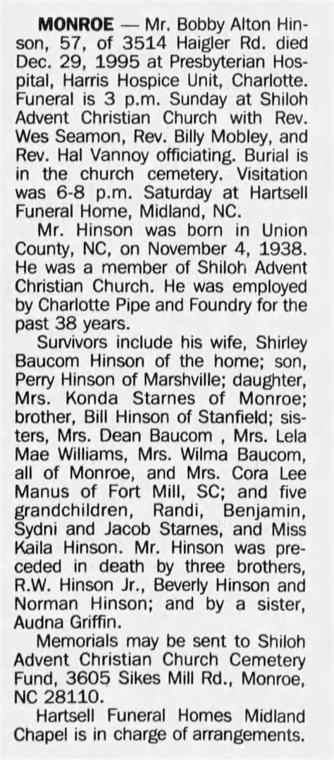 Obituary For Bobby Alton Hinson 1938 1995 Aged 57 ™