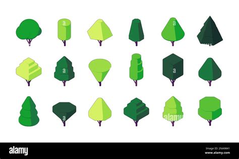 Isometric trees. Green plants of polygonal shapes, botanical deciduous forest and park ...