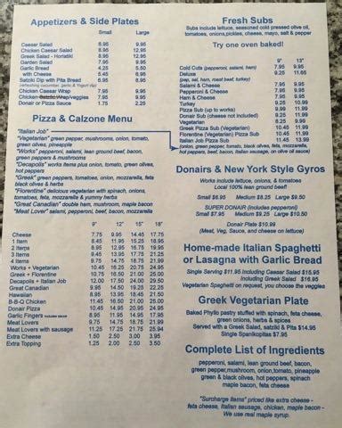 Menu at Bella Roma Inc restaurant, Canada