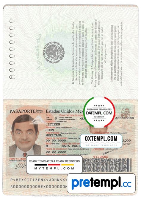 Mexican passport example in PSD format, fully editable - Pretempl