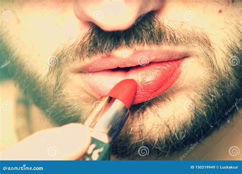 A Young Man Depicts His Lips With Red Lipstick Stock Image Image Of Cosmetics Gender 150219949