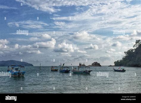 Fishing boats, Teluk Senangin Beach, near Lumut, Perak, Malaysia Stock ...