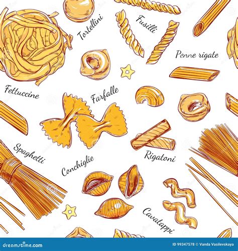 Italian Pasta Seamless Pattern Different Types Of Pasta Vector Hand