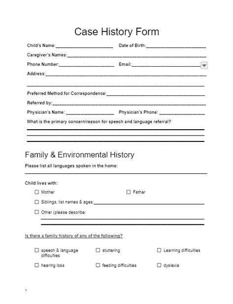 Case History Form Print Speech Therapy Talk Membership