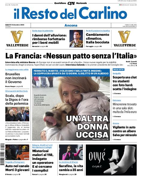 La Prima Pagina Del Resto Del Carlino Di Oggi Edizione Ancona Di