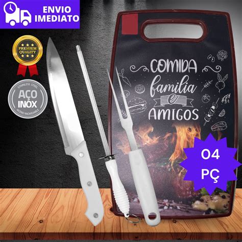 Conjunto Kit Churrasco 4 peças Tabua Faca Garfo Chaira Inox Cozinha