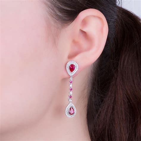 Fusion Ruby Pear Halo 18ct White Gold Halo Stud Drop Earrings Set