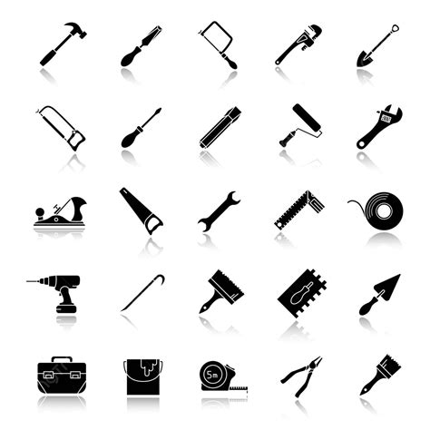 Set Of Black Glyph Icons For Construction Tools With Drop Shadows