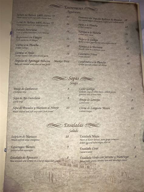 Menu at Casa Juancho restaurant, Miami