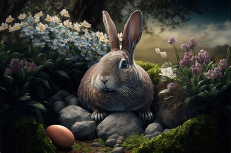 Premium Ai Image Rabbits And Easter Eggs In Garden Realistic Digital