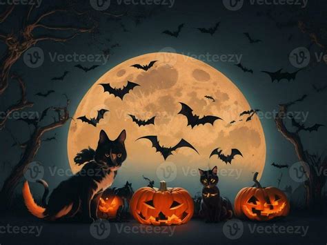 Halloween background with black cat, bats and pumpkins on full moon 28546008 Stock Photo at Vecteezy