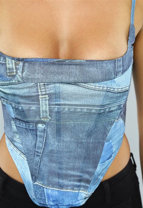 Denim Print Korset Top Met Spaghettibandjes Uwantisell Nl