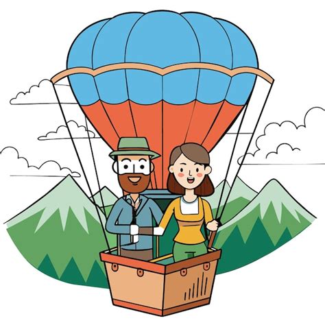 Un Dibujo De Dibujos Animados De Una Pareja Volando Un Globo De Aire