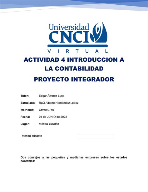 Actividad Introduccion A La Contabilidad Proyecto Integrador