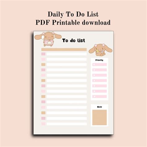 Printable Kawaii To Do List Simple Checklist Daily Planner Digital