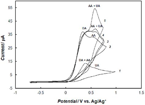 Cyclic Voltammograms Recorded At The Bare Gold Electrode Curve 1 And Download Scientific