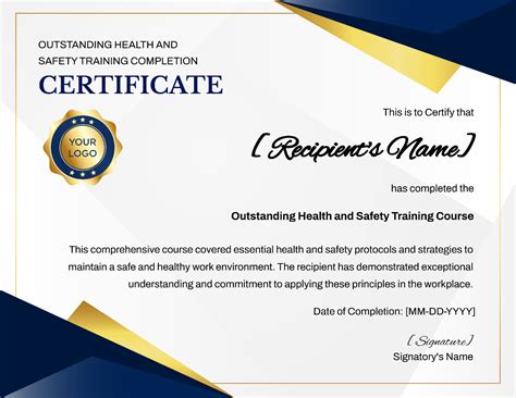 Free Outstanding Health And Safety Training Completion Certificate Template Edit Online