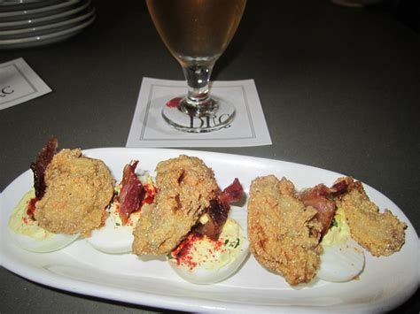 Deviled Eggs With Bacon And Fried Oysters Food Fried Oysters Bacon