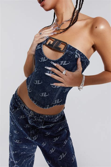 Blue Denim Strapless Corset Top With Buckle Detail Jaded London