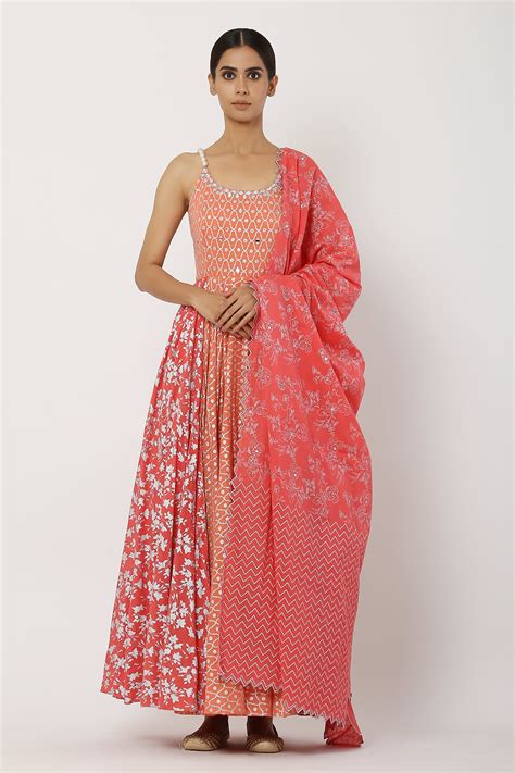 Buy Peach Cotton Mul Printed Round Beaded Strap Anarkali With Dupatta