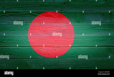 Bangladesh Flag Painted On Old Wood Plank Background Brushed Natural