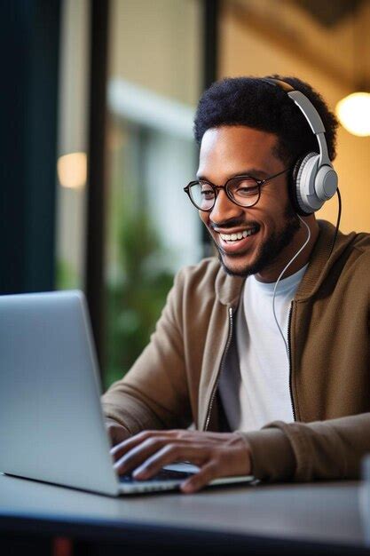 Premium Photo A Man Wearing Headphones Is Using A Laptop