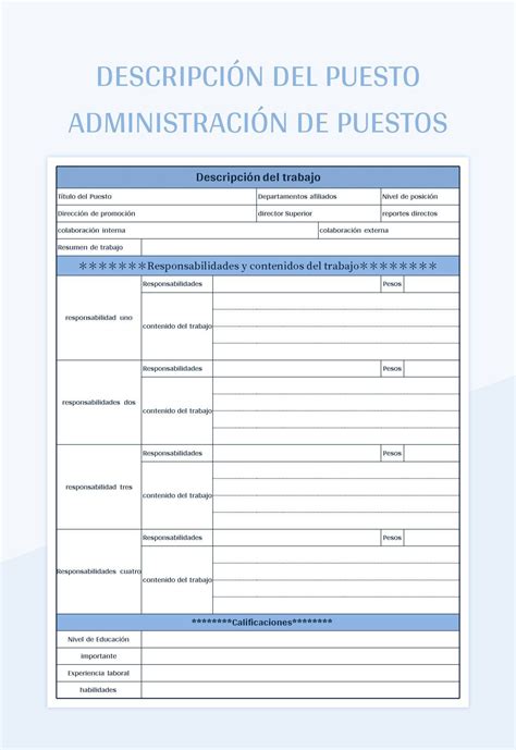 Plantilla De Formato Excel Descripci N Del Puesto Administraci N De