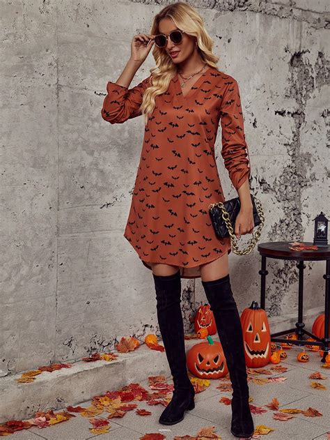 Shein Lune Halloween Bat Print Roll Tab Sleeve Curved Hem Dress Shein Usa