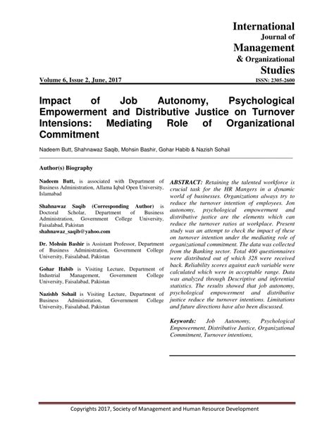 PDF Impact Of Job Autonomy Psychological Empowerment And