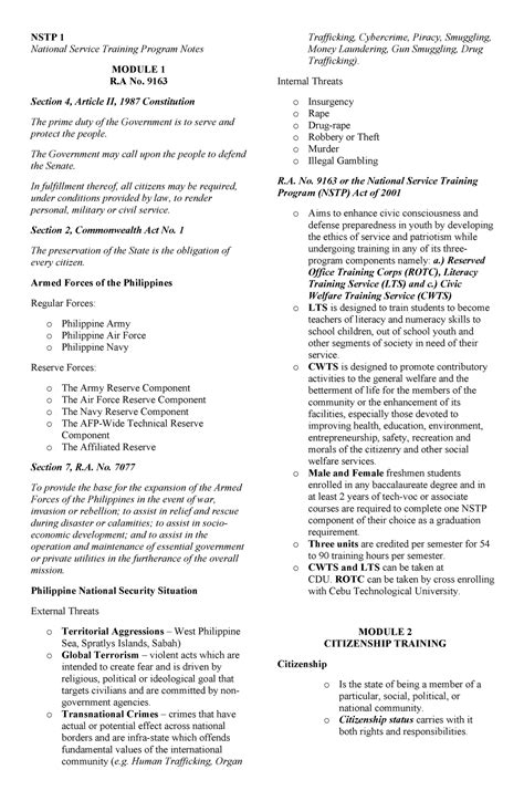 Nstp 1 Modules 1 5 Notes Nstp 1 National Service Training Program Notes Module 1 R No 9163