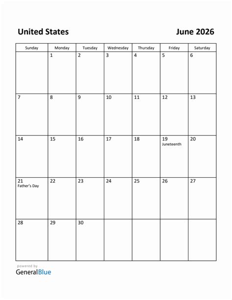 June 2026 Monthly Calendar With United States Holidays