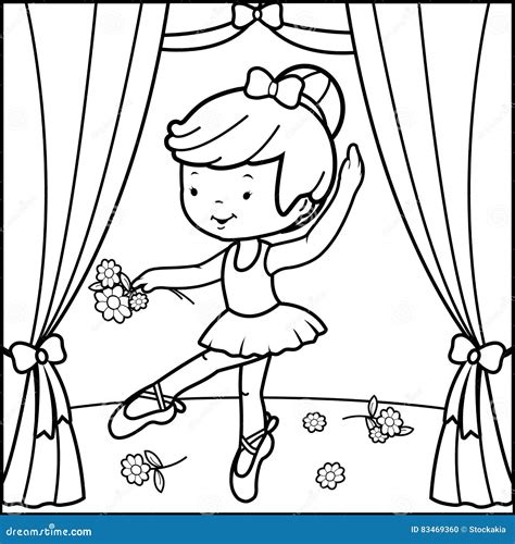 Ballerina Girl Dancing on the Stage. Vector Black and White Coloring Page. Stock Vector ...