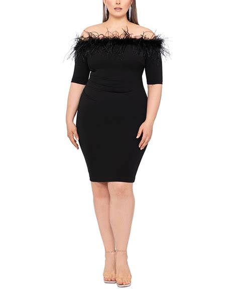 Xscape Plus Size Feather Trim Off The Shoulder Dress Macys