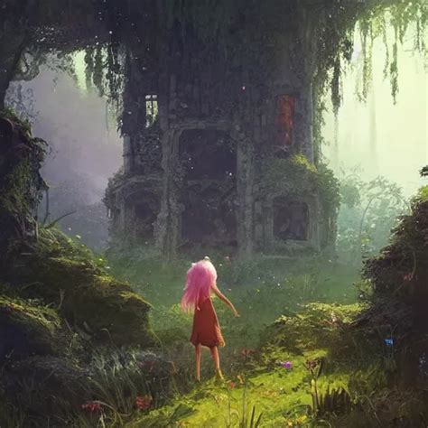 A Girl Encountering A Lost Overgrown Castle In Another Stable