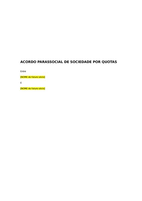 Acordo Parassocial Acordo Parassocial De Sociedade Por Quotas