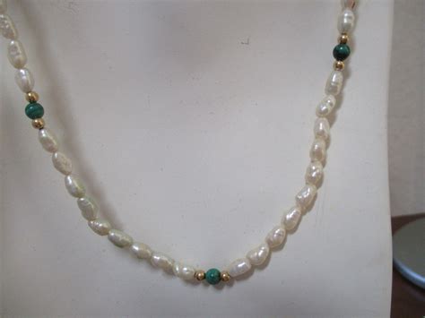 14k Gold 18 Inch Rice Pearl Malachite Necklace Gem