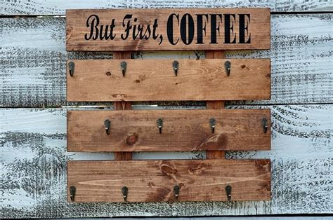 Rustic Wood Coffee Cup Rack Your Color Choice 12 Mug Hooks Wall Mounted Mug Storage