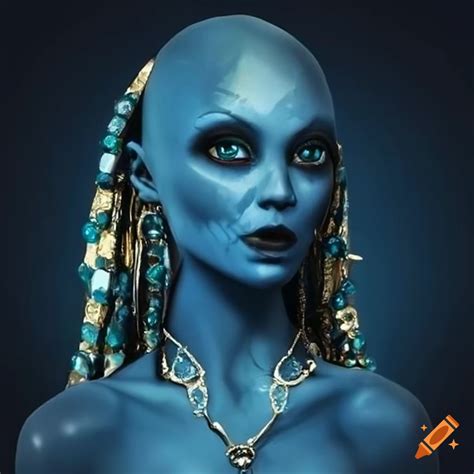 Alien Woman With Blue Skin And Black Hair Wearing Jewelry From Gold With Emeralds Rubys And