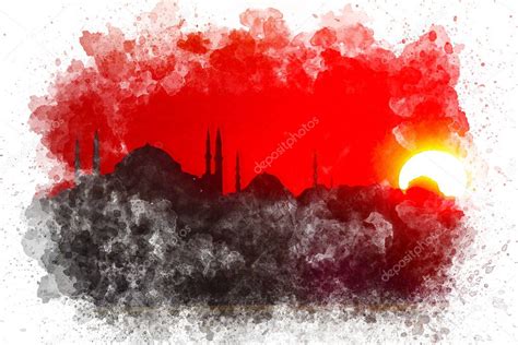 Acuarela Arte Estambul Silueta Puesta De Sol Vista Ilustraci N De Alta