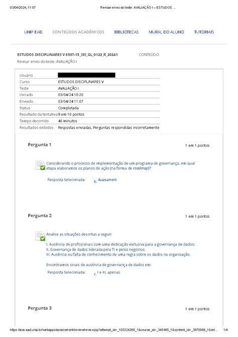 Avalia O Revisar Envio Do Teste Avalia O I Estudos Disciplinares V