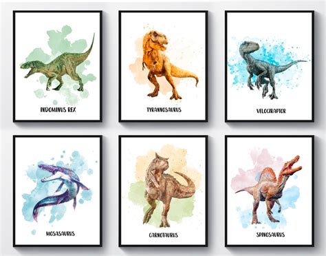 6 Watercolor Dinosaurs Printable Jurassic Dinosaur Decor Kids Room Wall