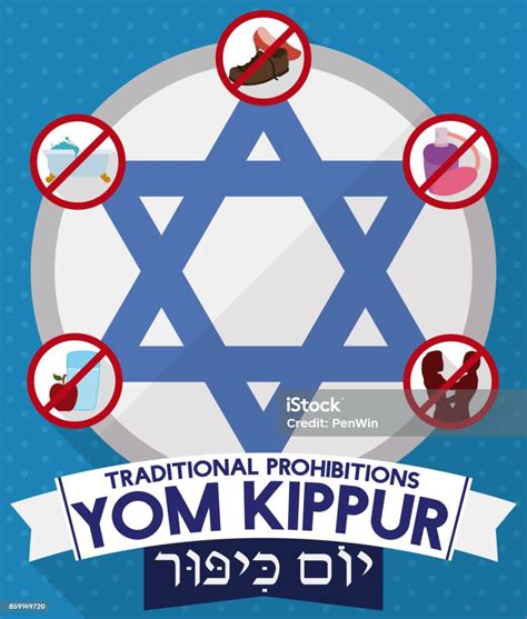 Davids Star With Prohibitions And Greeting Ribbons For Yom Kippur Stock