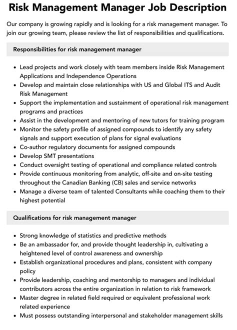 Risk Management Manager Job Description Velvet Jobs