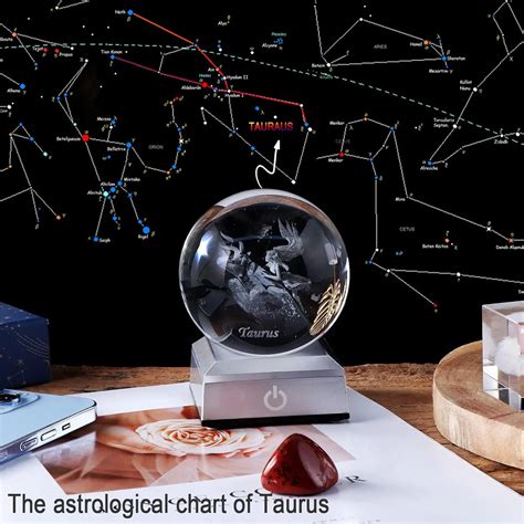 Taurus K9 Crystal Ball With Silver LED Base 3D Constellation Sphere