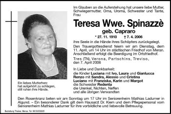 Traueranzeigen Von Teresa Spinazze Trauer Bz